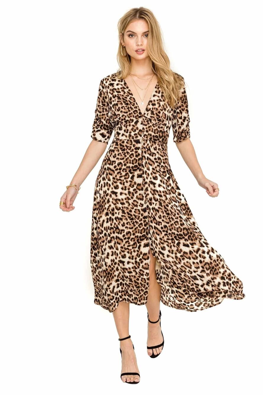 ASTR the Label Button Down Midi Dress Size S in Leopard Print